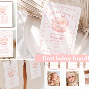 Girls Just Wanna Be One Invite, 1st Birthday Girl, Decor Bow First invitation Party, Cake Welcome Sign Milestone Thank you tags poster