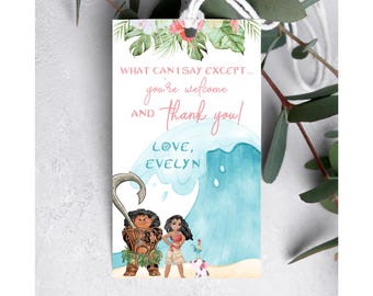 Tagi na upominki Moana Party, Tagi na torby upominkowe Moana, Tagi na podziękowania Moana, Tagi na upominki Maui Party, Zestaw Moana, Maui You're Welcome pua hei