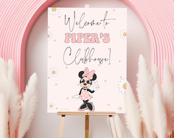 Oh Twodles Välkommen till klubbhuset skylt, Mimmi Pigg-fest, Groovy Twoodles affisch, flicka 2-årsdag direktnedladdning rosa prästkrage dekor