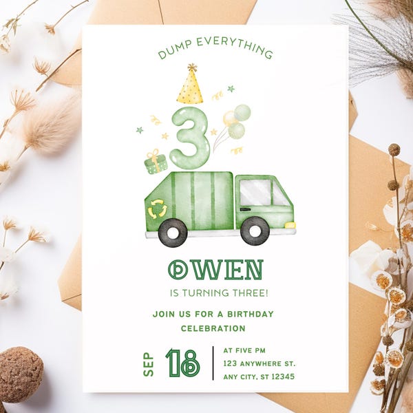 Invitación de cumpleaños de camión de basura, invitación para cumpleaños de 3.º, 4.º y 5.º, camión de reciclaje ecológico moderno, plantilla editable, instantánea