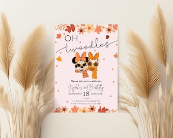Minnie Oh Twoodles Einladung zum 2. Geburtstag im Herbst-Stil, Kürbis-Herbst-Einladung in Rosa für Mädchen, zwei Jahre Halloween, gruselige Daisy Twodles