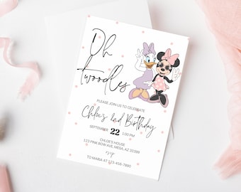 May include: A white invitation card with pink polka dots. The text reads "Oh twoodles" and "Please join us to celebrate Chloe's 2nd Birthday". The date is September 22nd at 1:00 PM. The location is Chloe's House, 123 Pink Bow Ave, Mesa, AZ 20399. The RSVP information is "To Maria at 123-456-7890". The card features a cartoon image of Daisy Duck and Minnie Mouse.