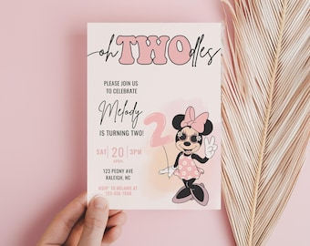 Oh Twodles Birthday invitation, Minnie mouse party, Oh Twoodles Invite, Minnie Girl 2nd birthday digital instant template Pink Balloon