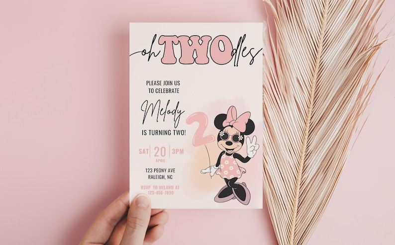 Invito di compleanno Oh Twodles, festa di Minnie, invito Oh Twoodles, modello digitale istantaneo per il 2° compleanno di Minnie Girl Palloncino rosa immagine 1
