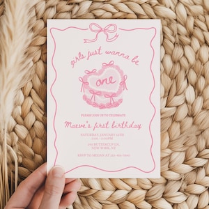 Girls Just Wanna Be One Invite, 1st Birthday Girl, Decor Bow Girls First invitation Party for 1st Bday, Pink Vintage Cake Coquette Ribbons