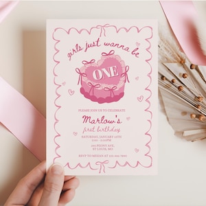 Girls Just Wanna Be One Invite, 1st Birthday Girl, Decor Bow Girls First invitation Party for 1st Bday, Vintage Cake Retro Preppy Pink fun