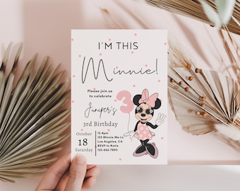 Invitación para el tercer cumpleaños de Minnie, fiesta de Minnie Mouse, decoración digital para el tercer cumpleaños de Minnie Girl, descarga instantánea de puntos rosados para niña de tres años