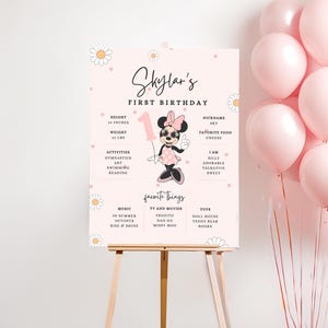 Minnie 1st Birthday milestone sign, Minnie mouse party, First Bday poster, digital instant download pink dots groovy balloon one favorites image 2