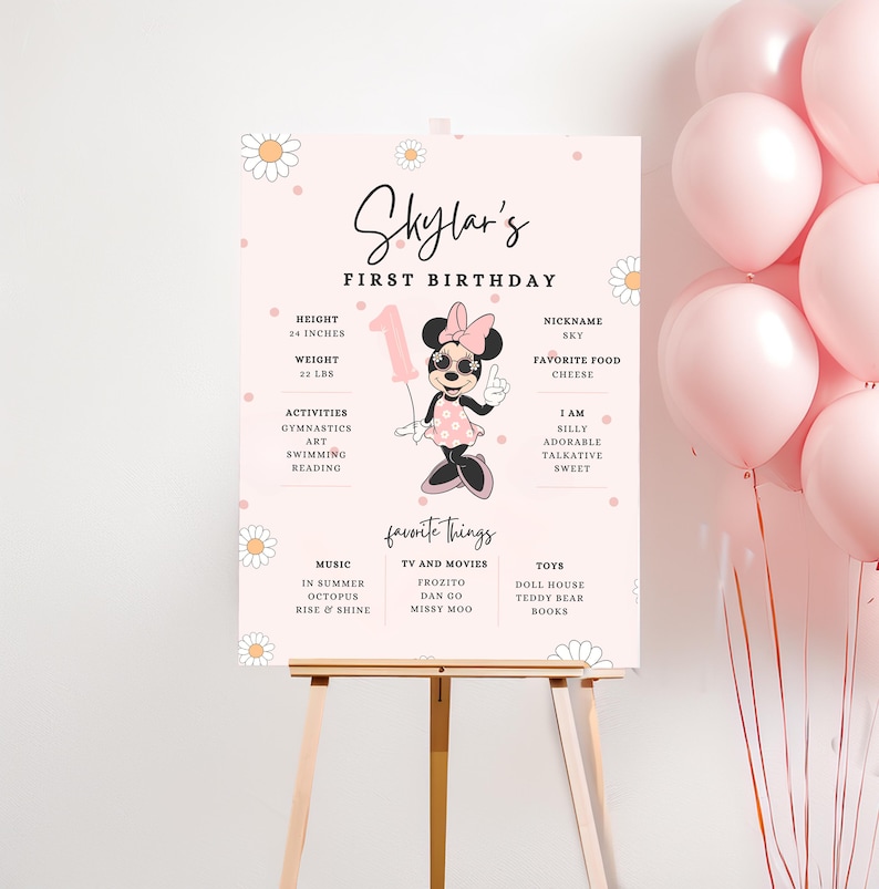 Minnie 1st Birthday milestone sign, Minnie mouse party, First Bday poster, digital instant download pink dots groovy balloon one favorites image 2