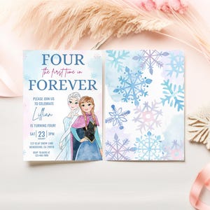 VIER de eerste keer in Forever Frozen verjaardagsuitnodiging, prinses Elsa Anna Olaf-feestje, Frozen Invite, aquarel sneeuwvlokken 4e sjabloon afbeelding 2