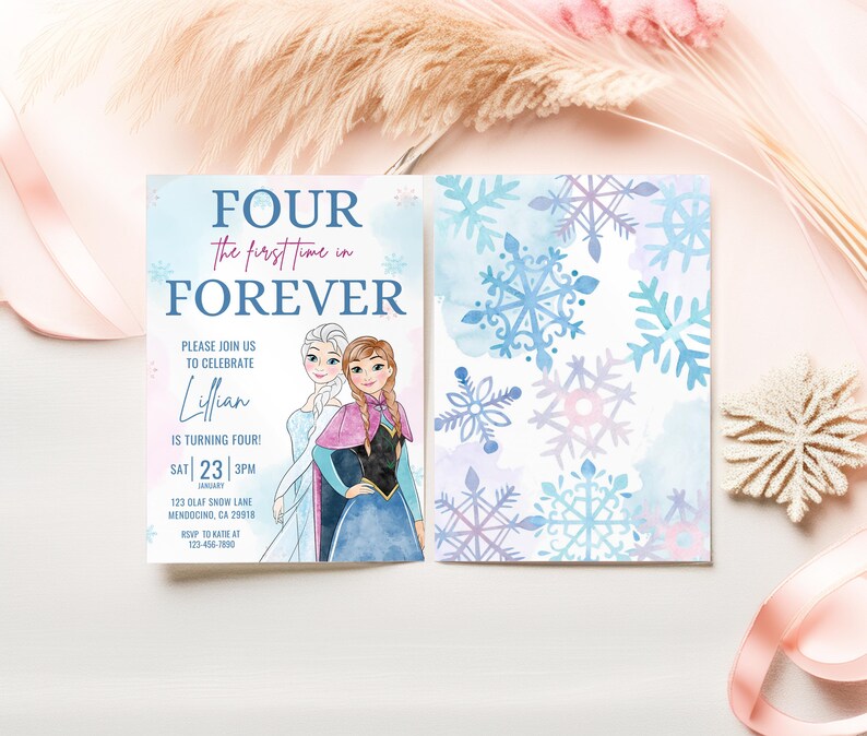 VIER de eerste keer in Forever Frozen verjaardagsuitnodiging, prinses Elsa Anna Olaf-feestje, Frozen Invite, aquarel sneeuwvlokken 4e sjabloon afbeelding 2