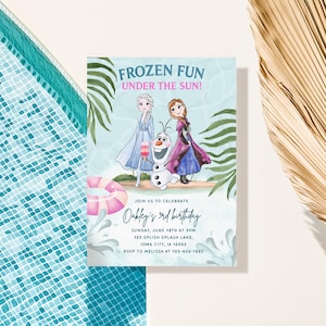 May include: A birthday party invitation with a Frozen theme. The invitation features Elsa, Anna, and Olaf, with the text "FROZEN FUN UNDER THE SUN!". Details include the birthday child's name, date, time, location, and RSVP information.