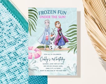 Invito per la festa estiva di Frozen, invito per la festa in piscina della principessa Elsa, Anna e Olaf, 2°, 3°, 4° e 5° compleanno, divertimento sotto il sole, spruzzi d'acqua.