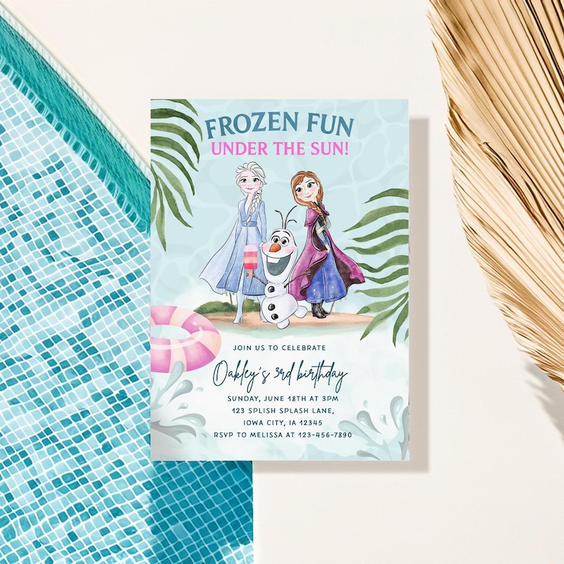 May include: A birthday party invitation with a Frozen theme. The invitation features Elsa, Anna, and Olaf, with the text "FROZEN FUN UNDER THE SUN!". Details include the birthday child's name, date, time, location, and RSVP information.