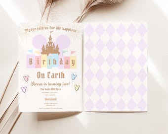 Faire-part le plus joyeux anniversaire sur terre, invitation d'anniversaire arc-en-ciel pastel vintage, ballons du château de Minnie Mouse premier 1er 2e 3e 4e 5e billet