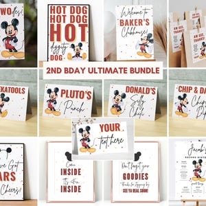 May include: A printable set of Mickey Mouse themed party decorations for a second birthday party. The set includes invitations, food labels, welcome signs, thank you tags, and a birthday sign. The decorations feature Mickey Mouse in red shorts and yellow shoes with a red and white polka dot background.