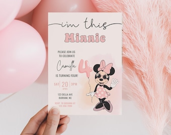 Minnie 4th Birthday invitation, Minnie mouse party, Minnie Girl Third birthday decor digital Fourth instant download pink dots four year old