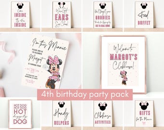 Minnie 4th Birthday invitation bundle, Minnie mouse party, Girl birthday digital Fourth instant download four year old decor welcome signs