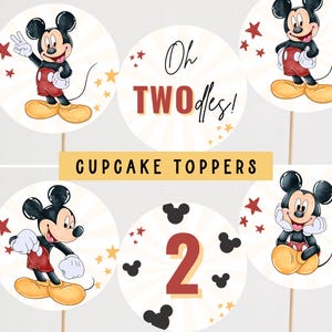 Oh Twodles Birthday Cupcake Toppers, Mickey mouse party decor, 2nd birthday cake decorations, Second birthday Twoodles toothpick holders