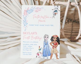 Moana und die Eiskönigin Geburtstagseinladung, luau moana einladen, Maui Ozean ruft PUA Welle Prinzessin Elsa Olaf Anna Partei Hei Hei 3.4.5.6