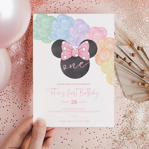 Minnie 1st Birthday invitation, mouse party, First Bday Invite, Girl birthday digital instant download groovy balloon one rainbow pastel