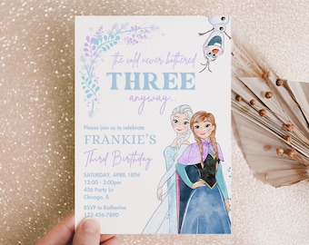 Frozen Birthday invitation, Princess Elsa Anna Olaf party invite, 3rd minimal modern digital Cold Never Bothered Three Anyway Third birthday