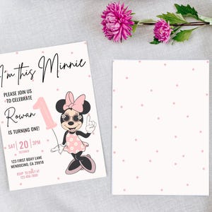 Invitación de primer cumpleaños de Minnie, fiesta de Minnie Mouse, invitación de primer cumpleaños, descarga instantánea digital de cumpleaños de niña, globo con lunares rosados imagen 5