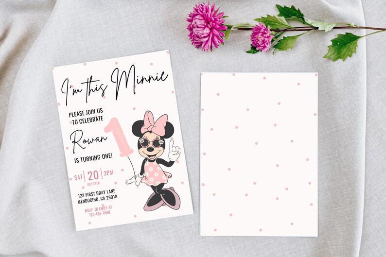 Invitación de primer cumpleaños de Minnie, fiesta de Minnie Mouse, invitación de primer cumpleaños, descarga instantánea digital de cumpleaños de niña, globo con lunares rosados imagen 5