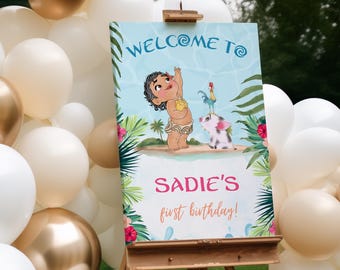 Baby Moana Birthday welcome sign, 1st 2nd 3rd 4th luau moana aloha, hei hei pua ocean decor welcome poster decorations Maui palm trees wave