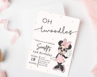Oh Twodles Birthday invitation, Minnie mouse party, Oh Twoodles Invite, Minnie Girl 2nd birthday digital instant template Pink daisy groovy