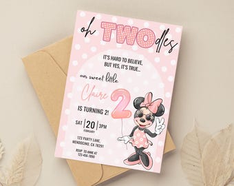 Invitación de cumpleaños de Oh Twodles, fiesta de Minnie Mouse, invitación de Oh Twodles, descarga instantánea digital de decoración de segundo cumpleaños de Minnie Girl en rosa