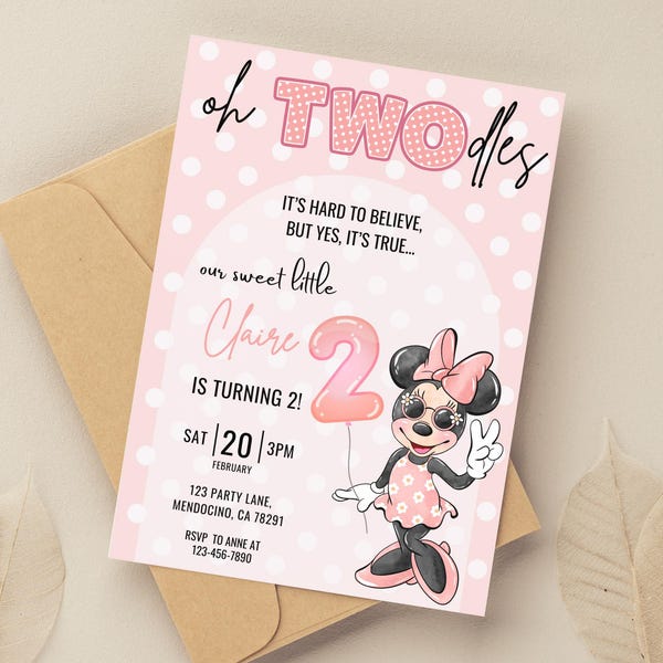 Oh Twodles Birthday invitation, Minnie mouse party, Oh Twoodles Invite, Minnie Girl 2nd birthday decor digital evite instant download pink