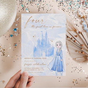Four the First time in Forever Frozen Birthday invitation, Princess Elsa Anna Olaf party, Frozen Invite, blue castle Snowflakes 4th template