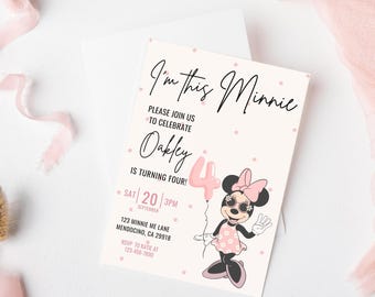 Minnie 4th Birthday invitation, Minnie mouse party, Minnie Girl Third birthday decor digital Fourth instant download pink dots four year old