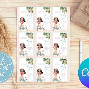 Moana Birthday thank you tags, Moana luau party, 1st 2nd 3rd 4th 5th birthday pua hei hei ocean decor party favor, gift bag boxes thanks image 2