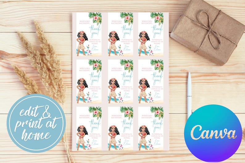 Moana Birthday thank you tags, Moana luau party, 1st 2nd 3rd 4th 5th birthday pua hei hei ocean decor party favor, gift bag boxes thanks image 2