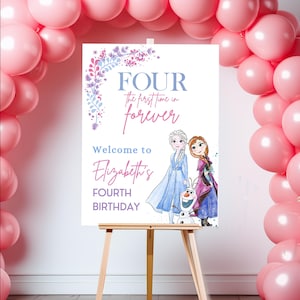 Placa de boas-vindas de aniversário congelado, decoração de festa da princesa Elsa Anna Olaf, 2º 3º 4º 5º pôster para download digital quatro pela primeira vez para sempre