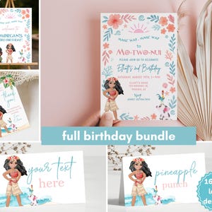 May include: A birthday party stationery bundle featuring a Moana-themed design with tropical flowers, a cartoon character, a pig, and a rooster. The set includes an invitation, a thank you tag, and food labels with text in pink and blue.