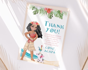Karta z podziękowaniami urodzinowymi Moana, impreza luau Moana, 1. 2. 3. 4. 5. tagi pua hei hei ocean decor party favor, pudełka na torby prezentowe thanks maui