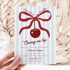 Kirschen Babypartyeinladung, Kirschen auf die Oberseite Einladen, Moderne Babyparty, Kokette, rosa Bogenbeeren Minimale Mädchenjungen-Babypartyneutral