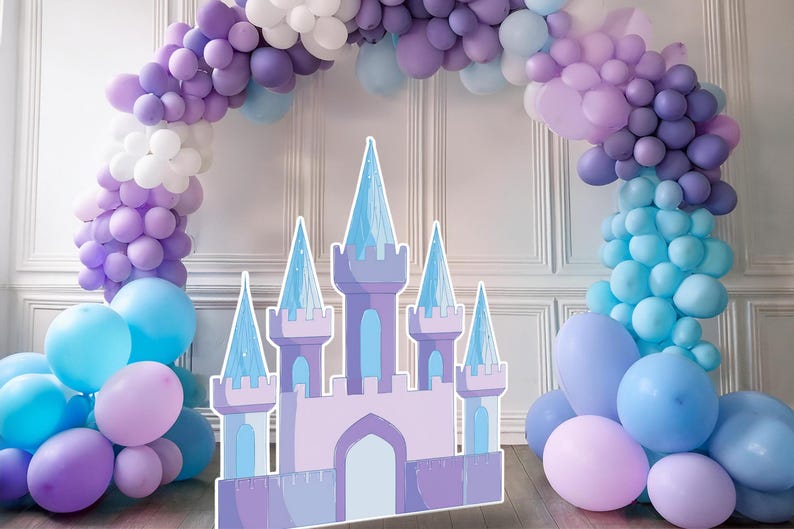 Schloss Dekor Ausschnitt png Prinzessin Geburtstagsparty Gefrorene Sofortige druckbare Fotokulisse lila blau Eis Schnee Winter Ballon Bogen Bild 1