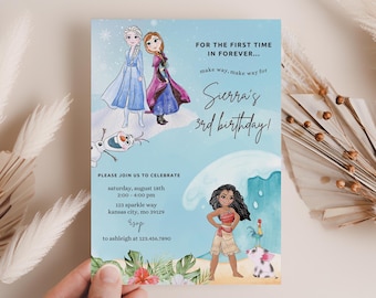 Moana and Frozen Birthday invitation, luau moana Invite, 2nd 3rd Maui ocean calling pua wave ocean we're back Elsa Olaf Anna party