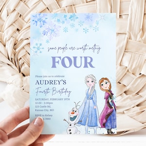 Frozen 4th Birthday invitation, Princess Elsa Anna Olaf party, Frozen Invite, Watercolor fourth Ice castle winter four the first time