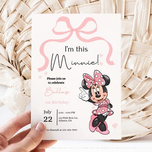 Minnie 1st Birthday invitation, Minnie mouse party, First Bday Invite, Girl birthday digital instant download One Pink Bow, Girls just wanna image 2
