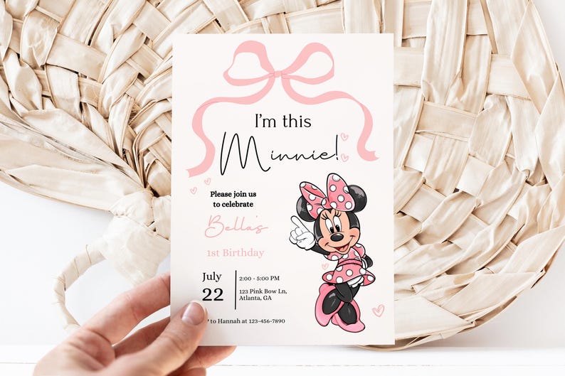 Minnie 1st Birthday invitation, Minnie mouse party, First Bday Invite, Girl birthday digital instant download One Pink Bow, Girls just wanna image 2