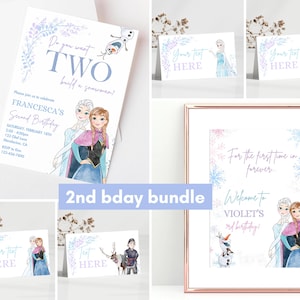 May include: A printable Frozen-themed birthday party bundle with a blue and purple color scheme. The bundle includes invitations, welcome signs, and other decorations featuring the characters Elsa and Anna. The text on the invitation reads "Do you want TWO build a snowman!" and the welcome sign reads "For the first time in forever. Welcome to Violet's 2nd birthday!"