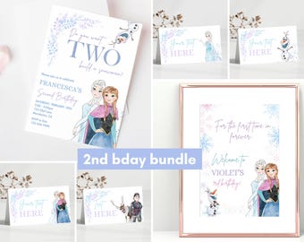 Puede incluir: Un paquete de fiesta de cumpleaños de Frozen imprimible en azul y morado. El paquete incluye invitaciones, letreros de bienvenida y otras decoraciones con los personajes Elsa y Anna. El texto de la invitación dice "Do you want TWO build a snowman!" y el letrero de bienvenida dice "For the first time in forever. Welcome to Violet's 2nd birthday!"