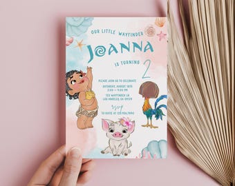 Einladung zum Baby-Moana-Geburtstag, Moana-Geburtstagsparty zum ersten Geburtstag, Luau-Moana-Einladung, 1. und 2. Geburtstag, Hei Hei, Ozeanruf, Pua-Welle, Aquarell