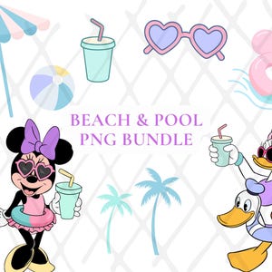 May include: A digital illustration featuring beach and pool-themed elements. Includes Minnie Mouse and Daisy Duck characters, sunglasses, drinks, a beach umbrella, a beach ball, a sandcastle, palm trees, and a Mickey Mouse-shaped float.