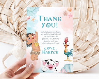 Karta z podziękowaniami urodzinowymi dla Baby Moana, impreza luau, 1. 2. 3. 4. 5. tagi pua hei hei ocean decor party favor, pudełka na torby prezentowe thanks maui